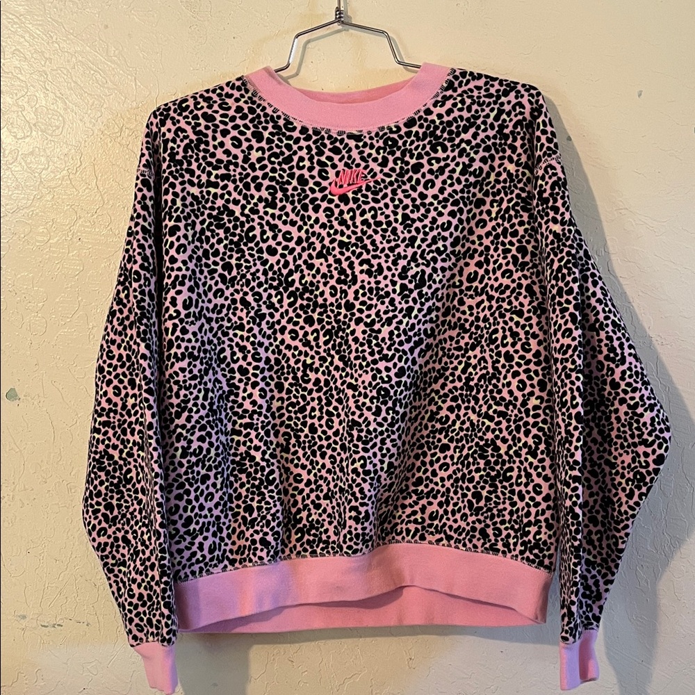 Nike Pink and Black Leopard Print Women's Crew Neck Sweater